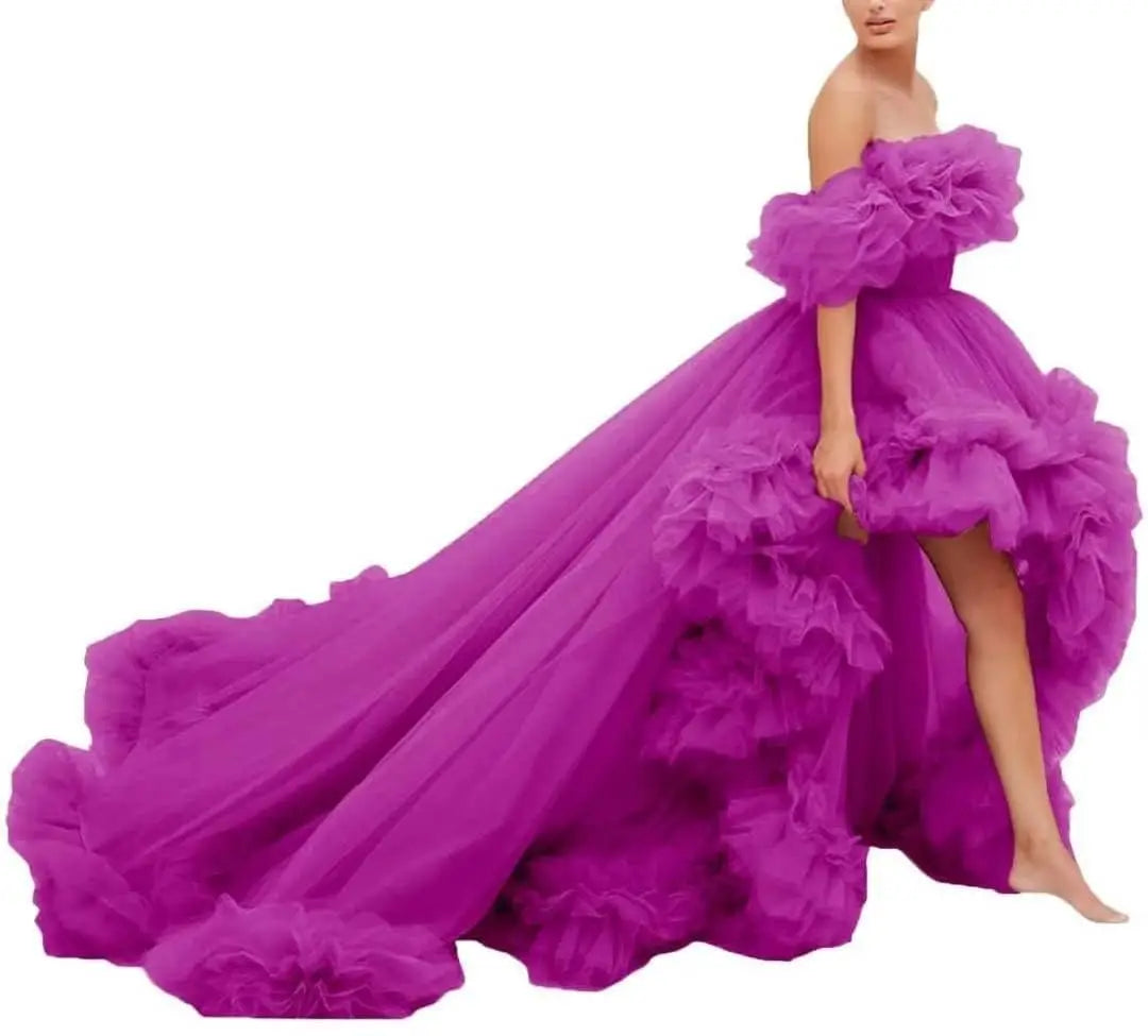 High Low Tulle Prom Dress Off Shoulder Ruffles Ball Gowns for Photoshoot