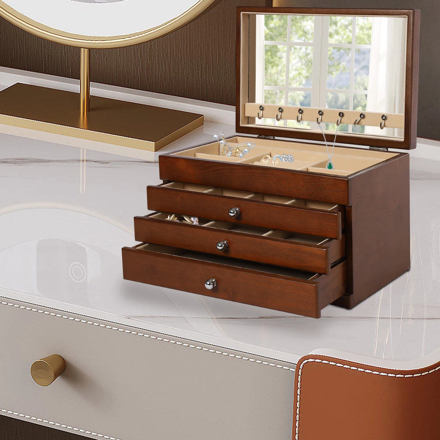 4-tier Wooden Jewellery Box With Drawers & Mirror