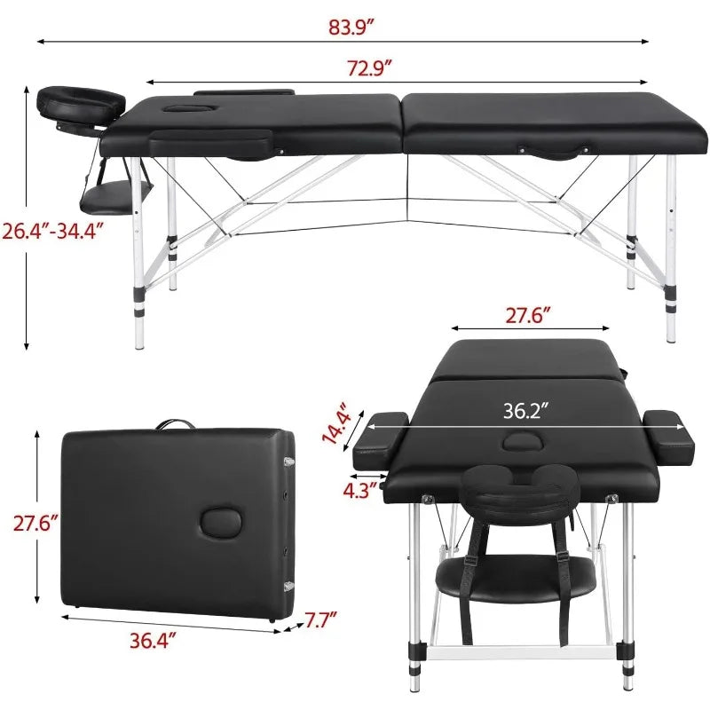 Lightweight Massage Table with Aluminium Frame, 2 Fold Beauty Therapy Bed， w/Free Carry Case, Face Cradle, Arm Rests