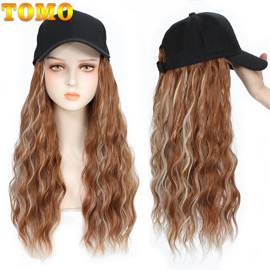 TOMO Baseball Cap with Hair Extensions for Women Adjustable Hat with Synthetic Wig Attached 16inch Natural Wavy Hair