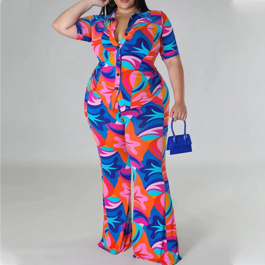 Plus Size Printed Curved Two Piece Set Single Breasted