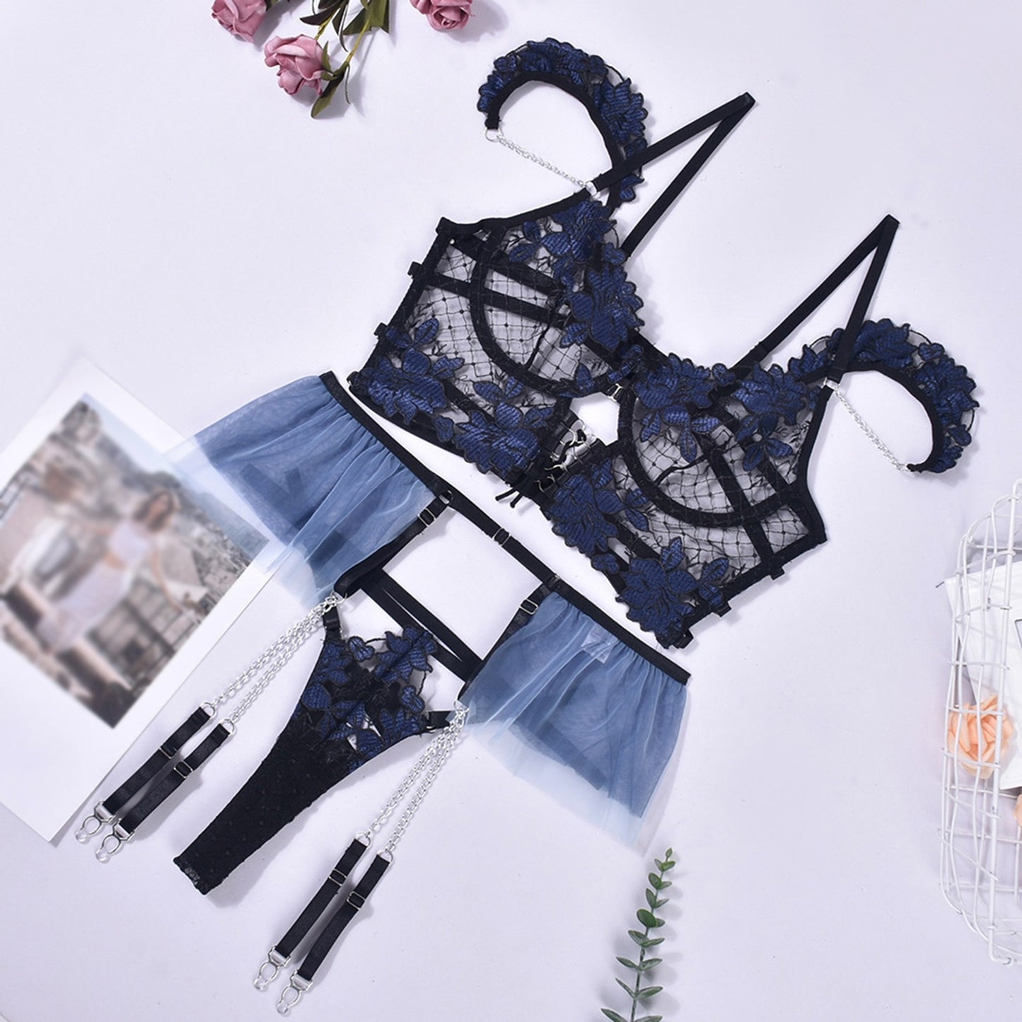 Lingerie Set For Women Plus Size Mesh Print Lingerie Three Piecese Set Sexy Female Underwear Lingerie For Ladies ropa para mujer