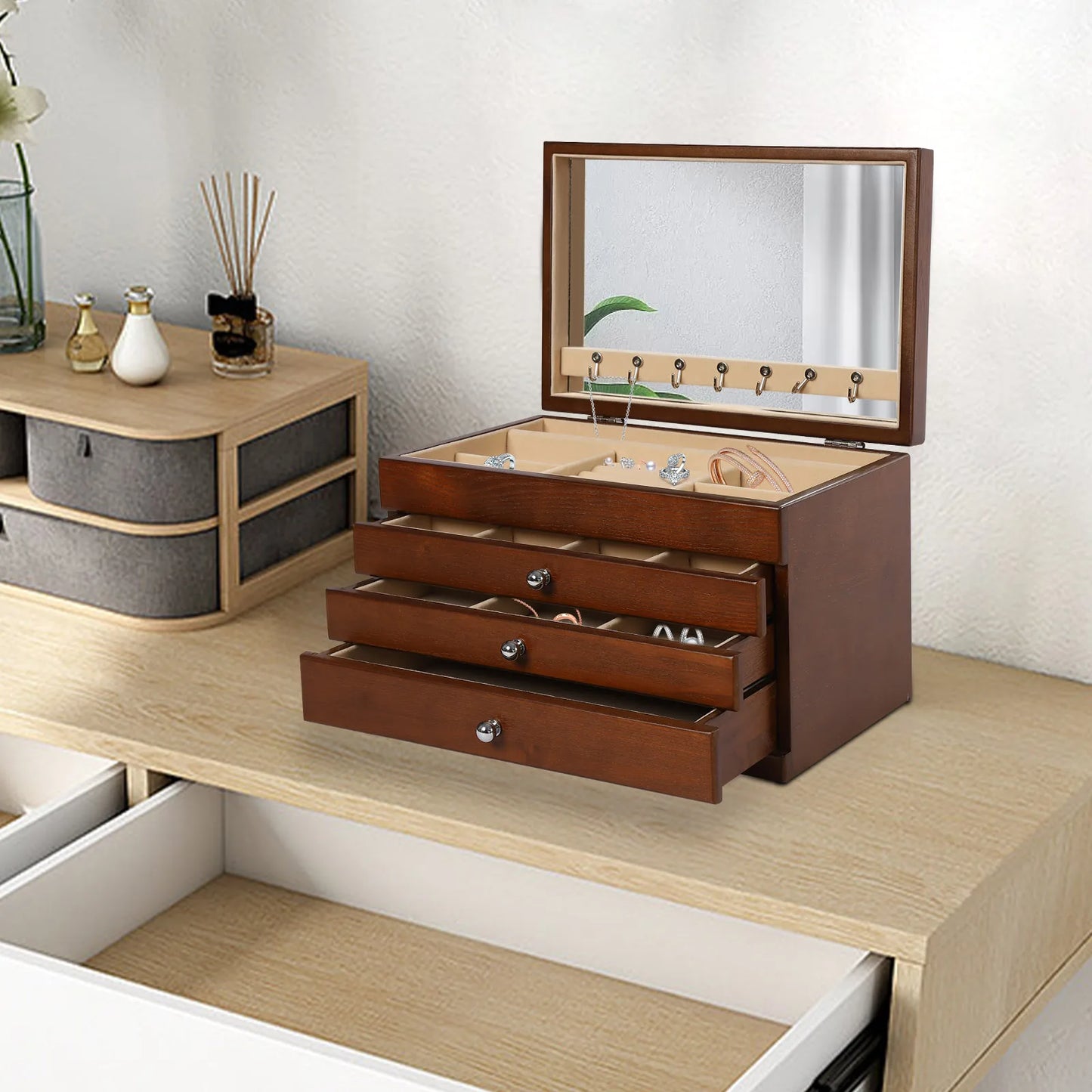 4-tier Wooden Jewellery Box With Drawers & Mirror