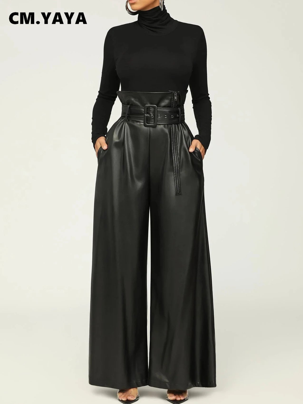 Fashion Faux Leather High Waist with Sashes Wide Leg Loose Pants