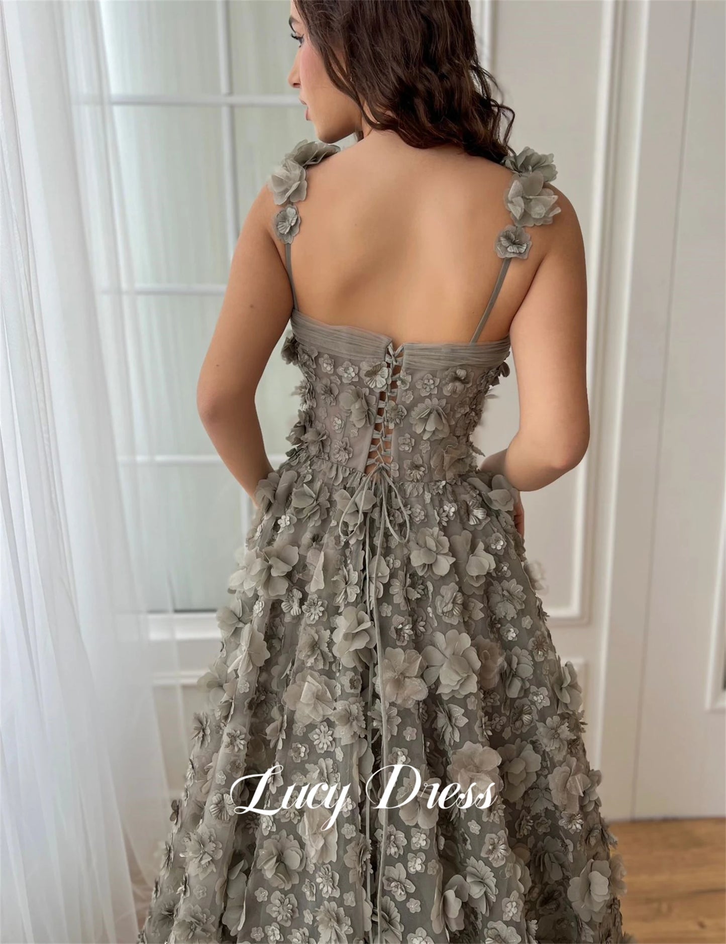 Lucy Ball Gown Grey Line A Three-dimensional Flower Fabric