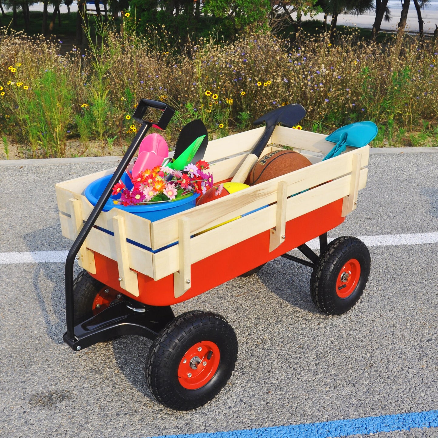 Tools Cart Wagon Cart Garden Cart Trucks Outdoor Wagon All Terrain Pulling w/Wood Railing Air Tires Children Kid Garden