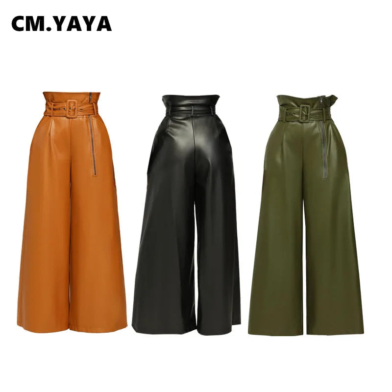 Fashion Faux Leather High Waist with Sashes Wide Leg Loose Pants