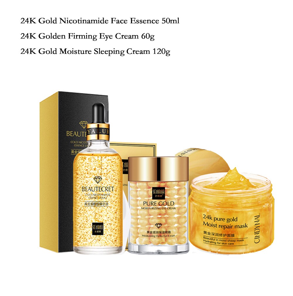 24K Gold Skincare Set Nicotinamide Face Essence Fade Dark Eye Circles Collagen Eye Cream Firming Skin Eye Mask Face Care Kit - DJVWellnessandPets