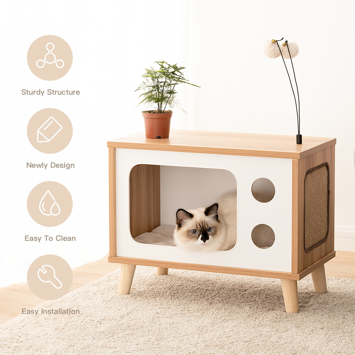 Mewoofun Cat House Wooden Condo Bed Indoor TV-Shaped Sturdy Large Luxury Cat Shelter Furniture with Cushion Cat Scratcher US