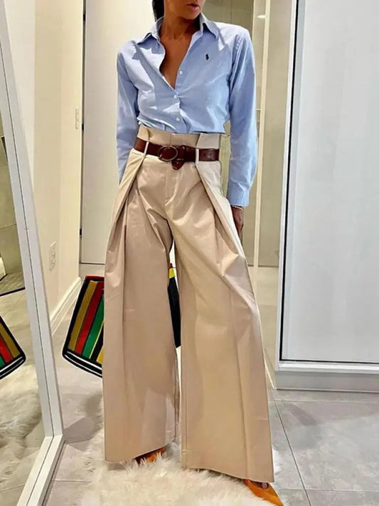 Pants Solid Apricot High Waist Wide Leg Trousers