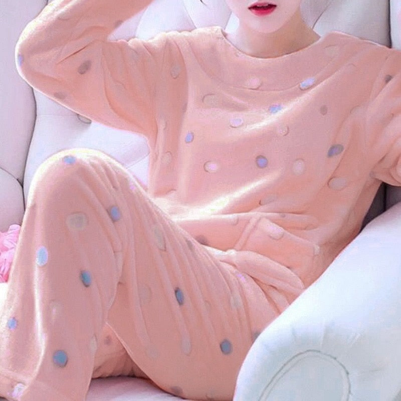 Women's Autumn Winter Warm Flannel Women Pyjamas Sets Thick Coral Velvet Long Sleeve Cartoon Sleepwear Thin Flannel Pajamas Set