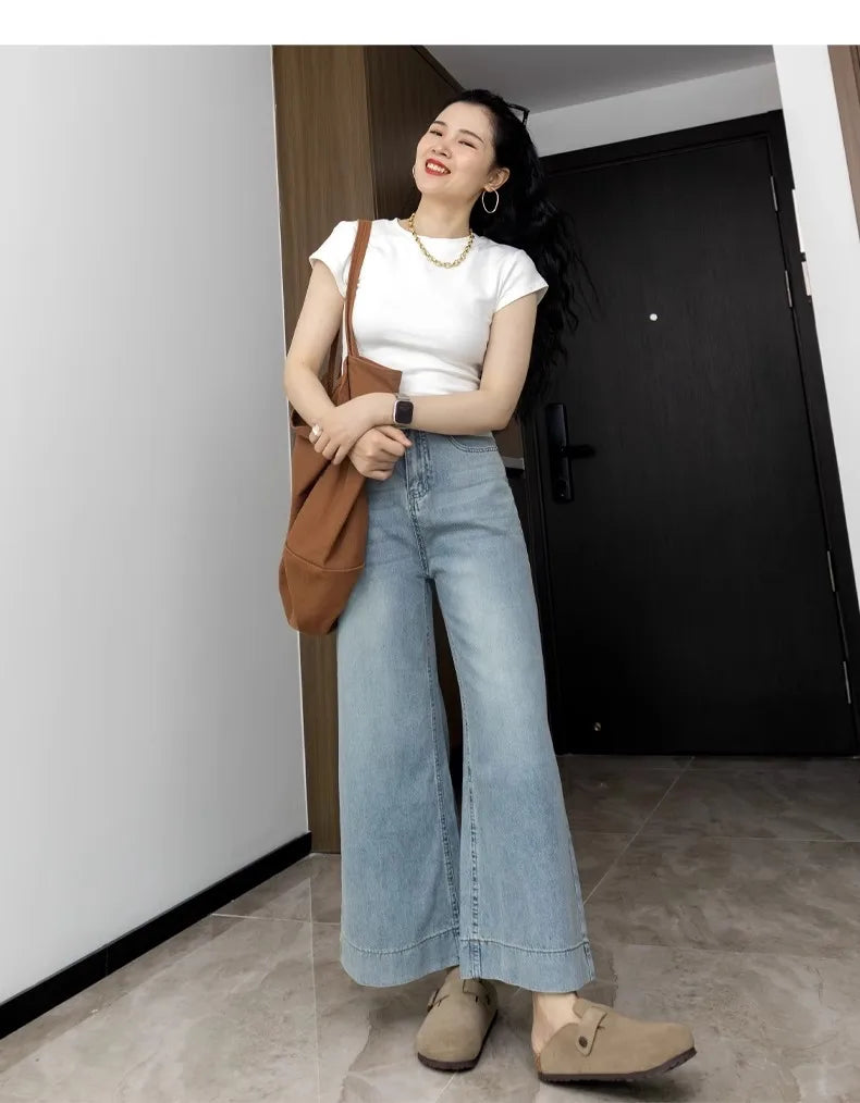 Denim Cropped Pants Wide Leg High Waist Jeans