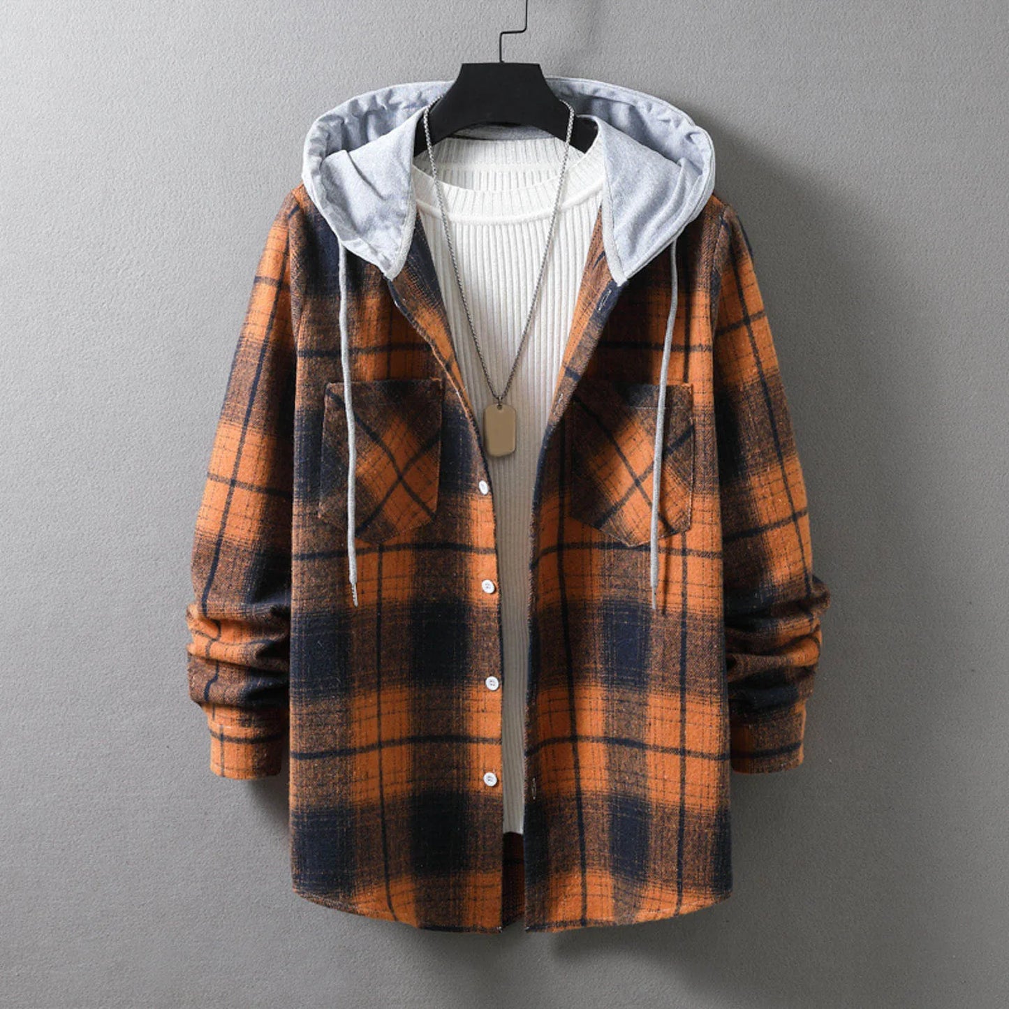 Men Plaid Splicing Hoodie Fashion Streetwear Spring Autumn Plaid Loose Long Sleeved Hooded Shirts Coat Male Casual Shirt Top