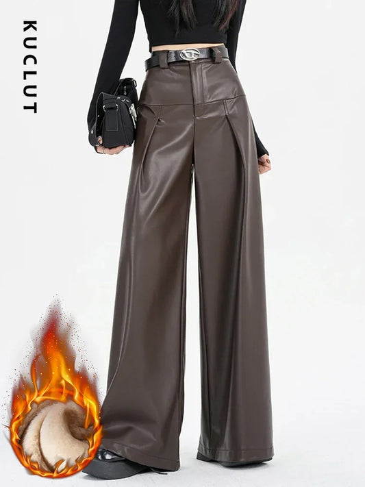 KUCLUT Faux Leather Pants High Waisted Velvet Casual Loose