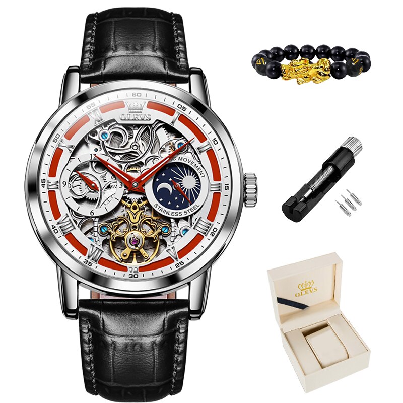 OLEVS New Mens Luxury Skeleton Automatic Mechanical Wrist Watches Waterproof Leather Moon Phrase Luminous Hands Self-Wind Watch