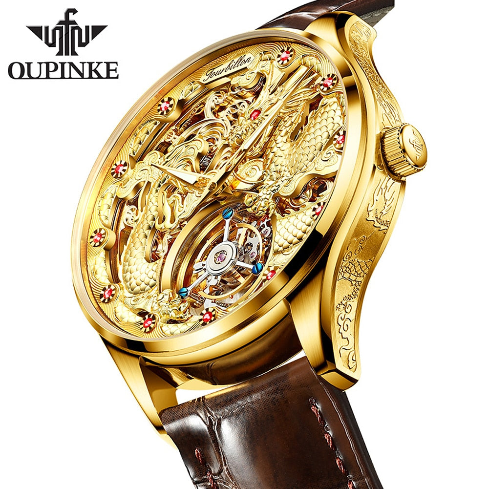 OUPINKE Tourbillon Automatic Skeleton Gold Watch Sapphire Ruby Luxury Wristwatch Waterproof Mens Mechanical