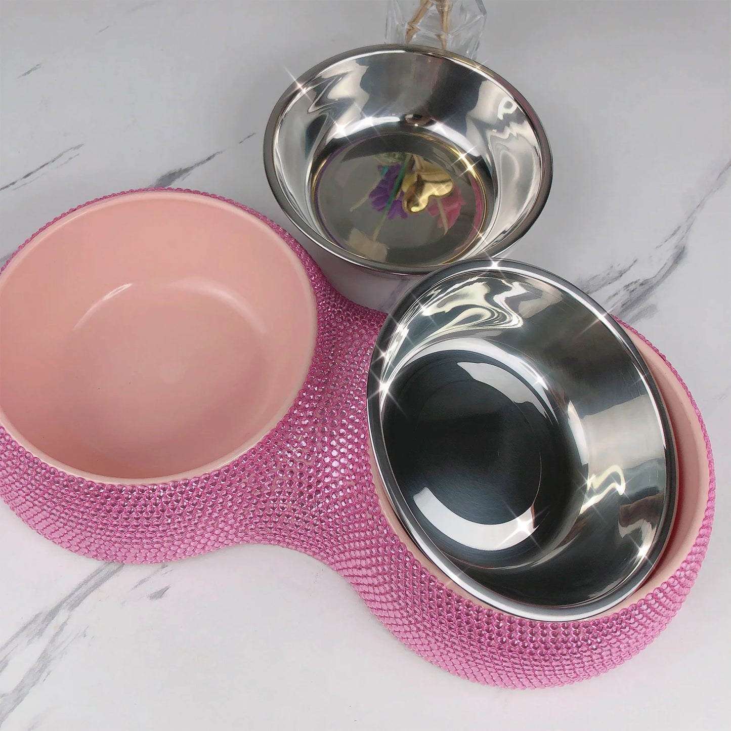 Double Pet Bowl Bling Bling Rhinestone Cat Dog Food Water Feeder Stainless Steel Dog Bowl Feeding Supplies Pets Accessories