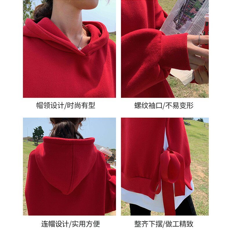 new maternity suits large size mid-length two-piece suit pregnant women big red hooded sweater ladies casual loose top