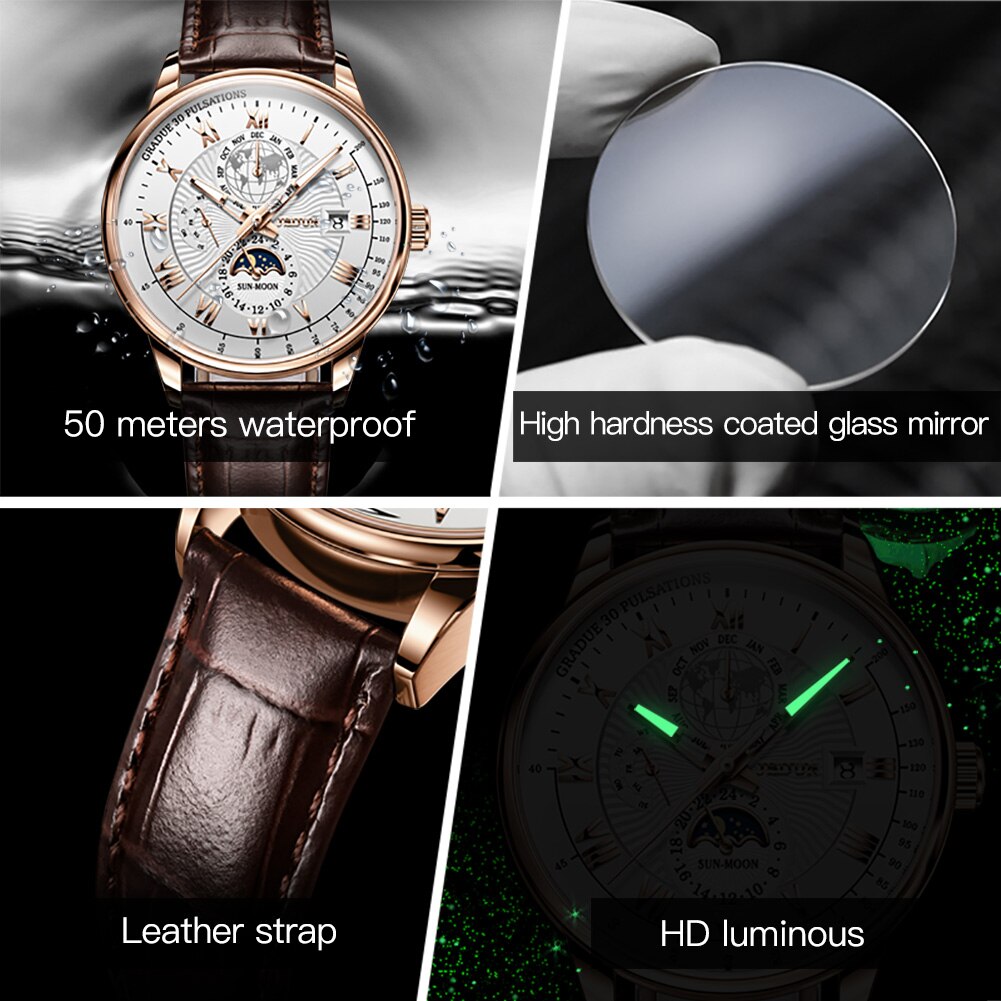 JSDUN Mechanical Watch Luminous Leather Strap Waterproof Top Brand Luxury Business Watch For Men Moonswatch 8909 - DJVWellnessandPets