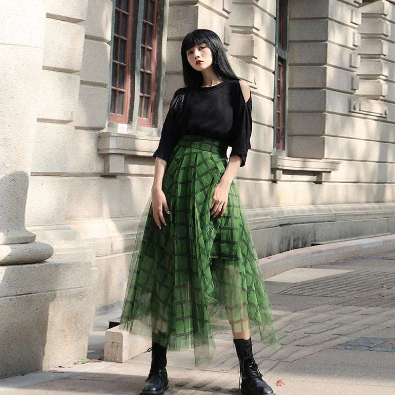 Green Plaid Print Skirt  Spring Fashion Asymmetric Elastic Waist