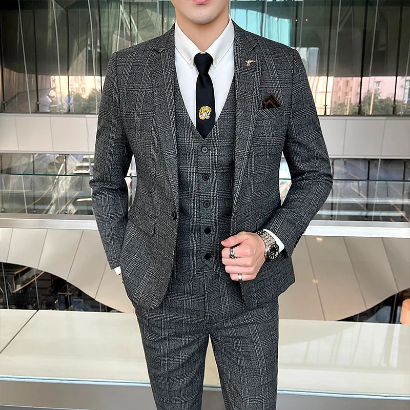 (Blazer+ Waistcoat + Trousers) High Quality Men Simple Business Elegant Fashion Job Interview Gentleman Suit Slim 3-piece Suit