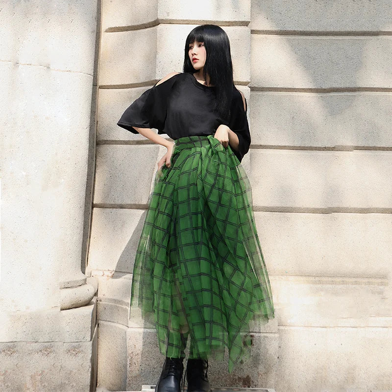 Green Plaid Print Skirt  Spring Fashion Asymmetric Elastic Waist