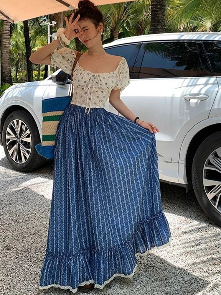 Striped Style Long Skirt  High Waist Fashion