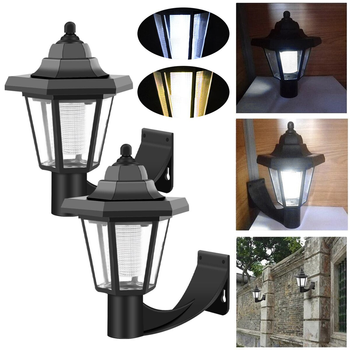 2PCS Solar LED Wall Light Porch Lamp Garden Outdoor Lighting Waterproof Hexagonal Street Lantern Lighting Retro Courtyard Decor