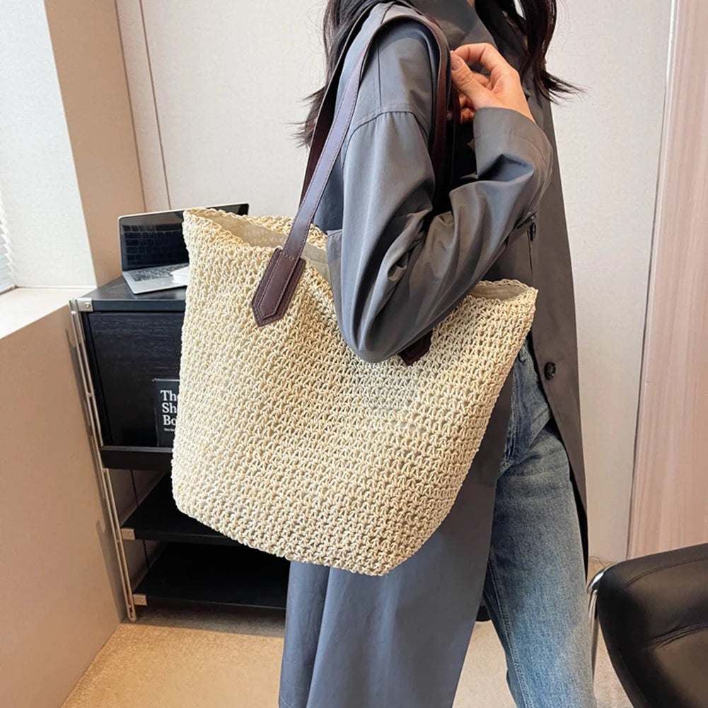 Luxury Design Straw Woven Tote Bags Summer Casual Large Capacity Handbags Bucket Basket Beach Bags Women Shoulder Shopping Bags