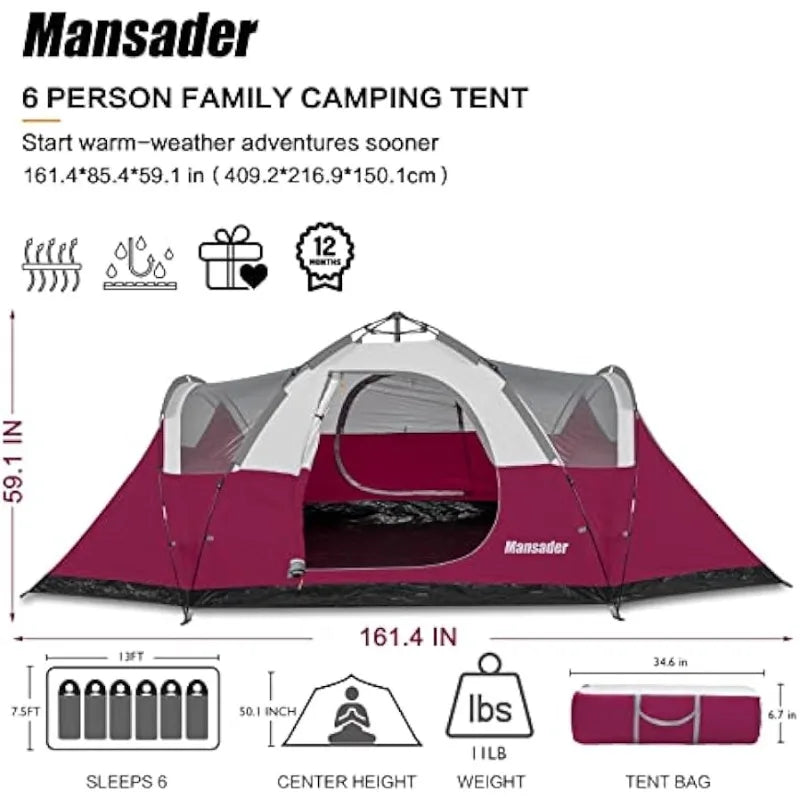 Mansader 6 Person Family Camping Tent,Waterproof Windproof with Top Rainfly,Easy Set Up,Up Tent