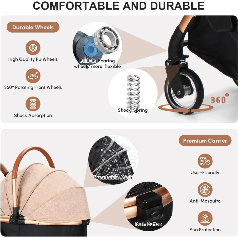 Push Button Pet Stroller With Detachable Carrier