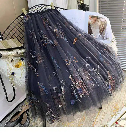 Elegant Embroidered Skirts Sequined High Waist Fairy Long Tulle