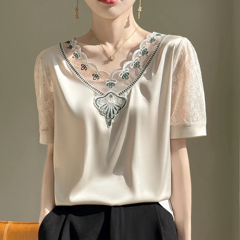 Spring/Summer Elastic Satin V-neck Lace Plus Size Shirt