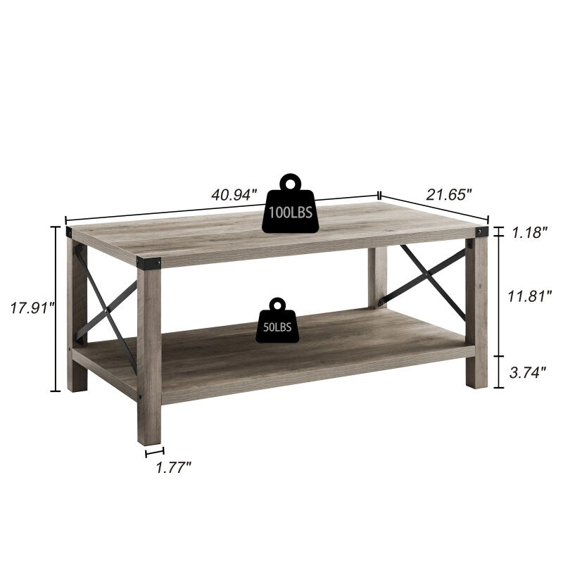 Tier Modern Farmhouse Coffee Table, Wood Rectangle Cocktail Table with Metal X- Frame (Gray, 40.94" w x 21.65" d x 17.91" h)