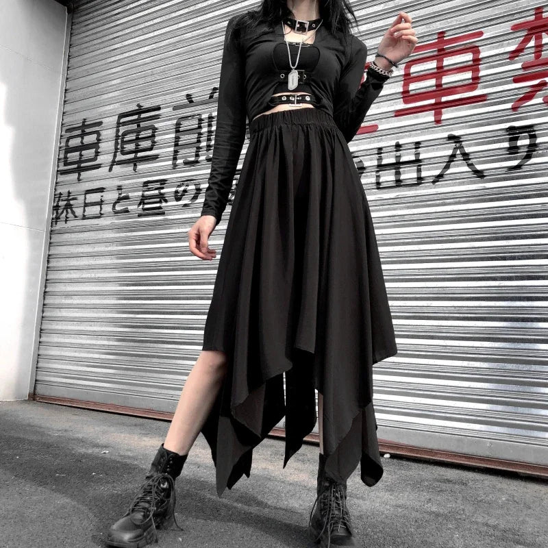 Dark Black Irregular High Waist Skirt Goth Punk