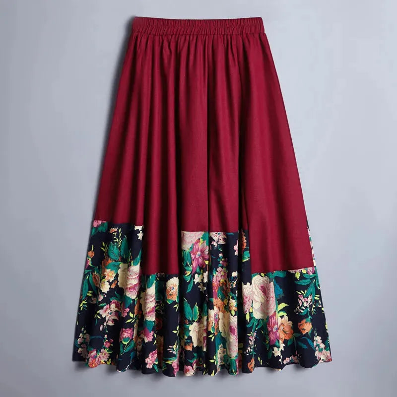 Big Swing Splicing Cotton Linen Elastic Waist Skirts