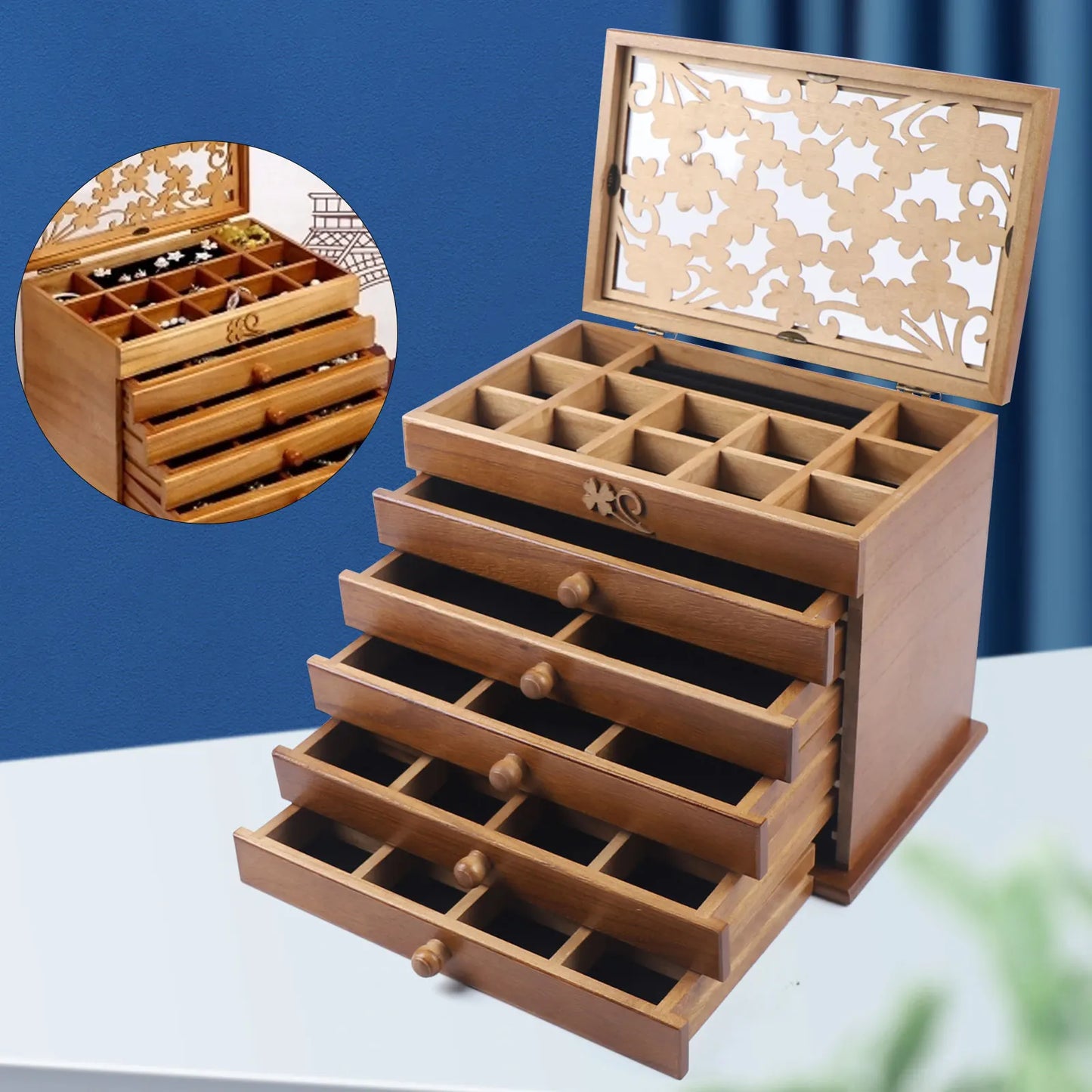 Wood Jewelry Box 6-Layer Organizer