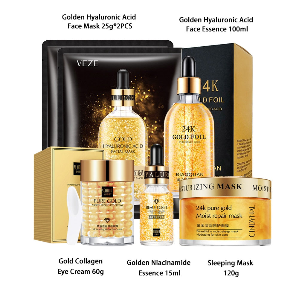 24K Gold Skincare Set Nicotinamide Face Essence Fade Dark Eye Circles Collagen Eye Cream Firming Skin Eye Mask Face Care Kit - DJVWellnessandPets