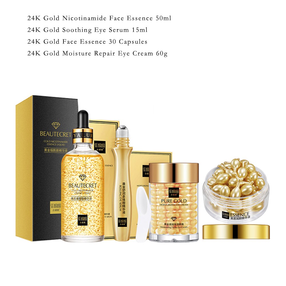 24K Gold Skincare Set Nicotinamide Face Essence Fade Dark Eye Circles Collagen Eye Cream Firming Skin Eye Mask Face Care Kit - DJVWellnessandPets