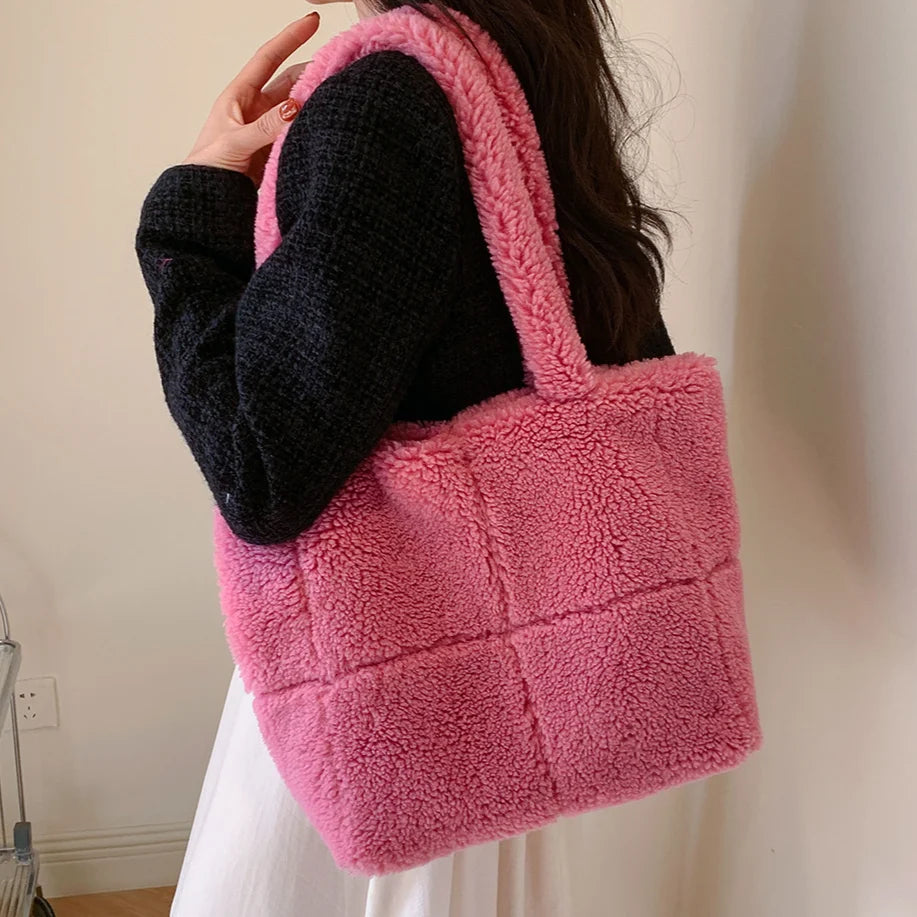 Winter Lambswool Underarm Bag Women Faux Fur Square Tote Bag 2023 Plush Large Shoulder Bag Grain Lamb Wool Shopper Furry Handbag