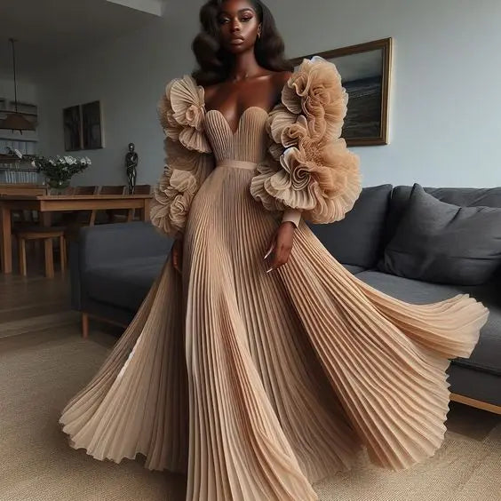 Pretty Champagne Pleated A-line Long Evening Dresses Ruffles African Maxi Gowns