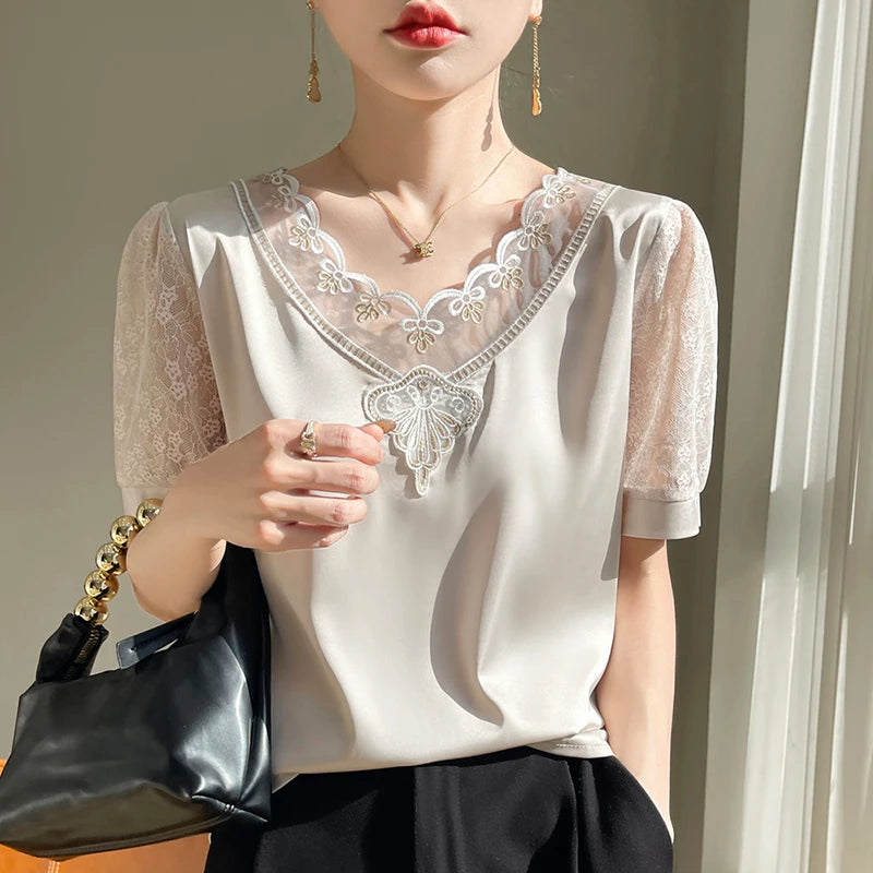 Spring/Summer Elastic Satin V-neck Lace Plus Size Shirt