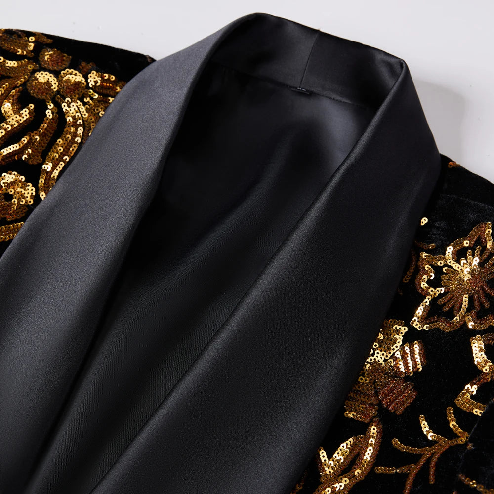 Black Shiny Gold Sequin Glitter Embellished Blazer Jacket