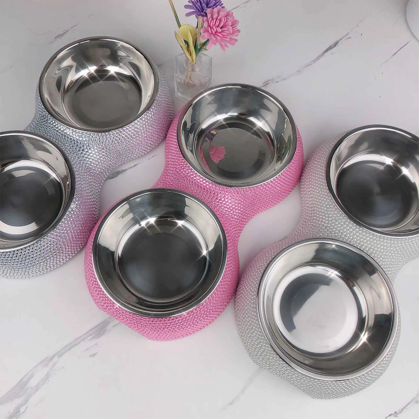 Double Pet Bowl Bling Bling Rhinestone Cat Dog Food Water Feeder Stainless Steel Dog Bowl Feeding Supplies Pets Accessories