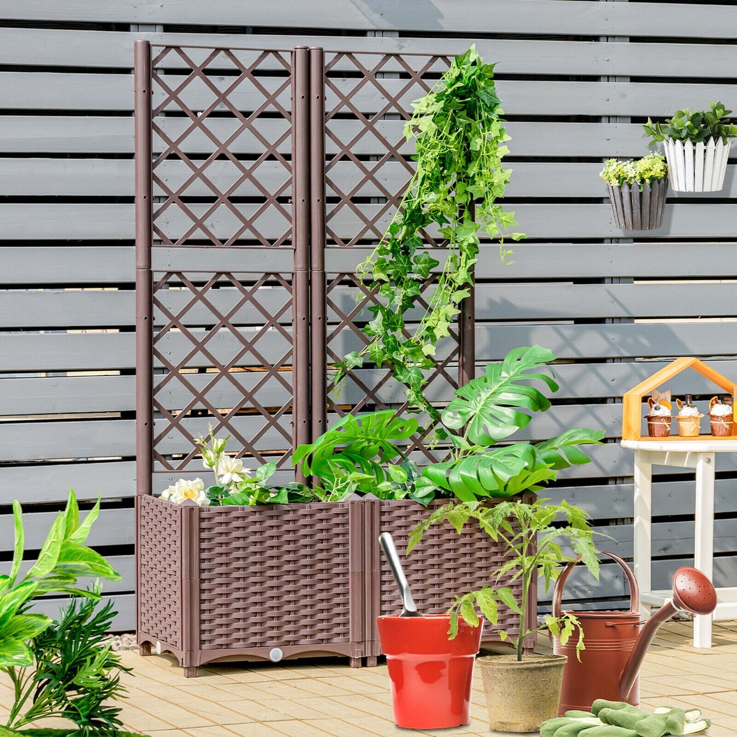 Patiojoy Raised Garden Bed w/Trellis Planter Box for Climbing Plants 32&quot; x 16&quot; x 53&quot;