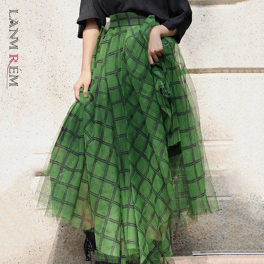 Green Plaid Print Skirt  Spring Fashion Asymmetric Elastic Waist