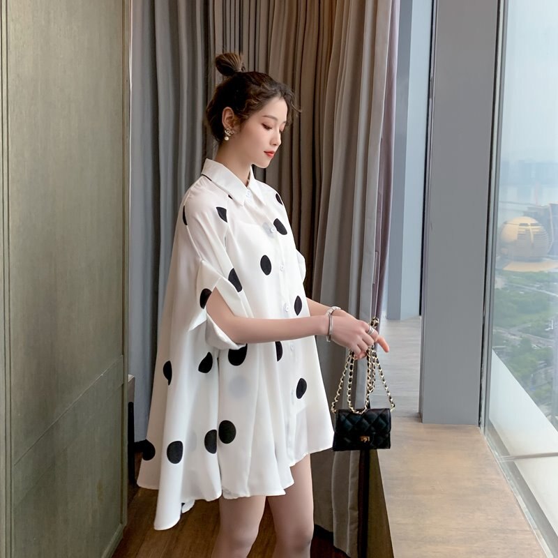 8810# 2022 Summer Dot Printed Chiffon Maternity Blouses Chic Ins Loose Shirt Clothes for Pregnant Women Pregnancy Tops Tunic