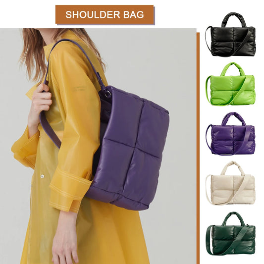 Women Quilted Handbag Large Capacity Puffer Shoulder Bag Solid Color Lightweight Tote Bags Ladies Daily Commute Bag