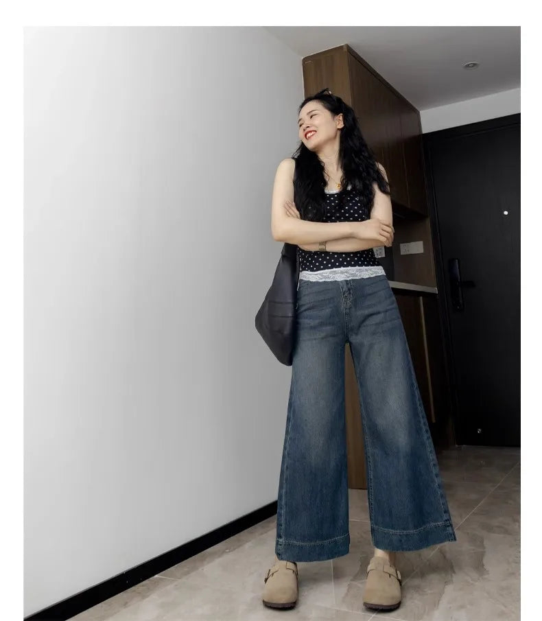 Denim Cropped Pants Wide Leg High Waist Jeans