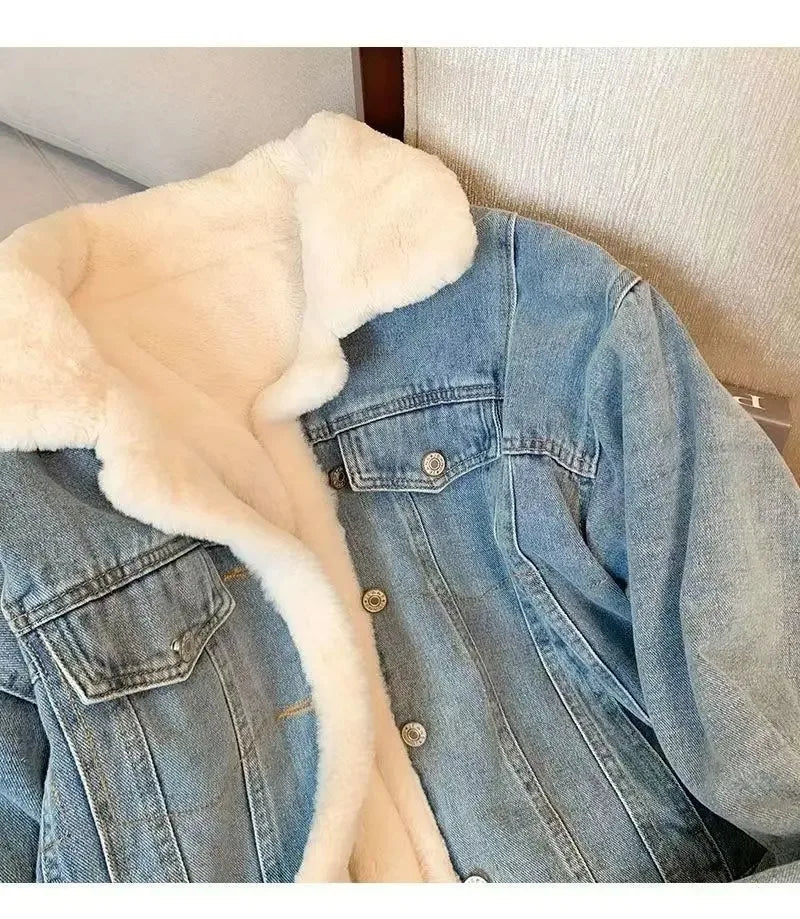 New Winter Fleece Thicken Denim Jacket Loose Casual